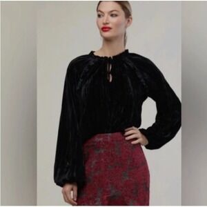 Rachel Parcell Black Crinkle Velvet Blouse Size Large Long Sleeve Whimsygoth NWT